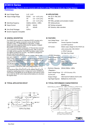 XC9510 datasheet - Synchronous Step-Down DC/DC Converter with Built-In LDO Regulator In Series plus Voltage Detector