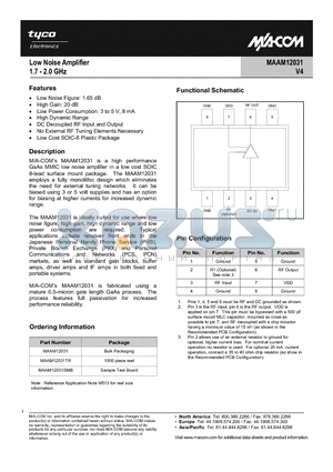 MAAM12031 datasheet - Low Noise Amplifier 1.7 - 2.0 GHz