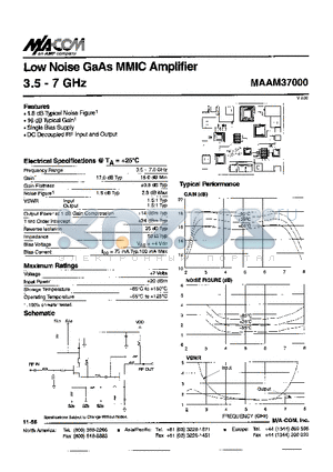 MAAM37000 datasheet - Low Noise GaAs MMIC Amplifier 3.5-7GHz