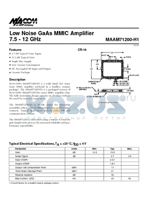 MAAM71200-H1 datasheet - Low Noise GaAs MMIC Amplifier 7.5 - 12 GHz