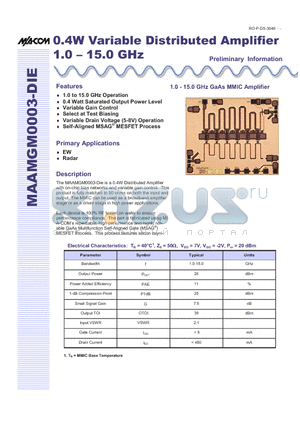 MAAMGM0003-DIE datasheet - 0.4W Variable Distributed Amplifier 1.0 - 15.0 GHz