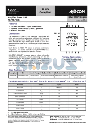 MAAP-000072-PKG003 datasheet - Amplifier, Power, 1.3W 17.7-19.7 GHz