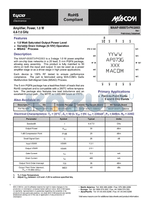 MAAP-000073-PKG003 datasheet - Amplifier, Power, 1.0 W 4.4-7.0 GHz
