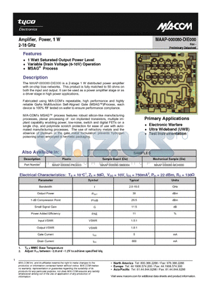 MAAP-000080-DIE000 datasheet - Amplifier, Power, 1 W 2-18 GHz