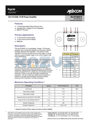 MAAPGM0019 datasheet - 9.8-13.0 GHz 1.6 W Power Amplifier