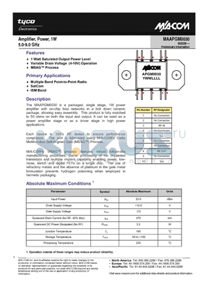 MAAPGM0030 datasheet - Amplifier, Power, 1W 5.0-9.0 GHz