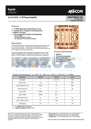 MAAPGM0057-DIE datasheet - 2.0-13.0 GHz 1.2 W Power Amplifier