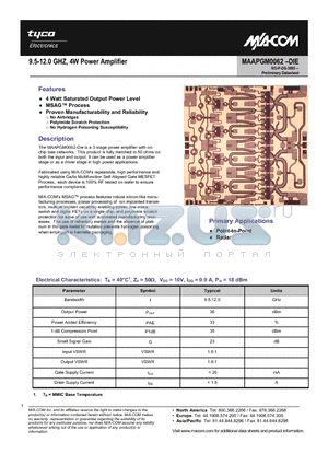MAAPGM0062-DIE datasheet - 9.5-12.0 GHZ, 4W Power Amplifier