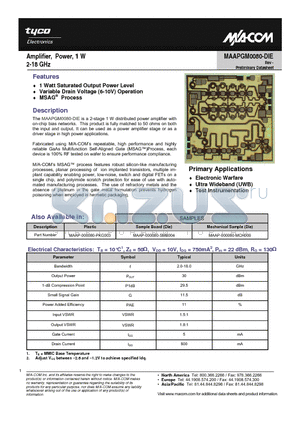 MAAPGM0080-DIE datasheet - Amplifier, Power, 1 W 2-18 GHz