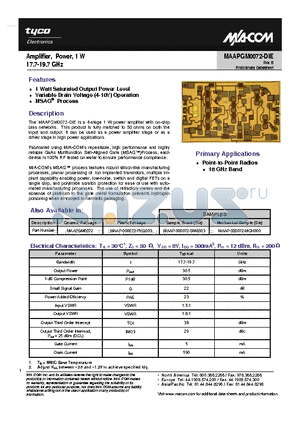 MAAPGM0072-DIE datasheet - Amplifier, Power, 1 W 17.7-19.7 GHz