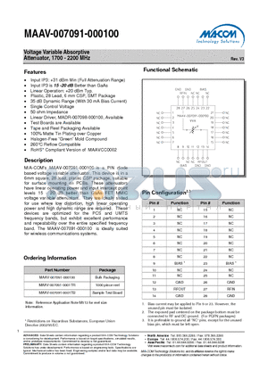 MAAV-007091-000100 datasheet - Voltage Variable Absorptive Attenuator, 1700 - 2200 MHz