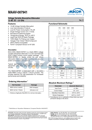 MAAV-007941 datasheet - Voltage Variable Absorptive Attenuator 12 dB, DC - 2.0 GHz