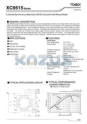 XC9515 datasheet - 2 channel Synchronous Step-Down DC/DC Converter with Manual Reset