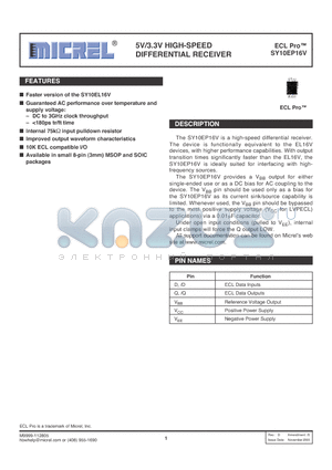 SY10EP16VZG datasheet - 5V/3.3V HIGH-SPEED DIFFERENTIAL RECEIVER