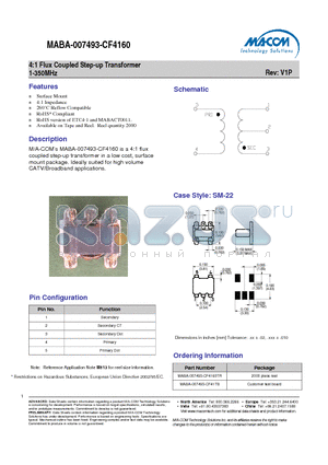 MABA-007493-CF4160 datasheet - 4:1 Flux Coupled Step-up Transformer