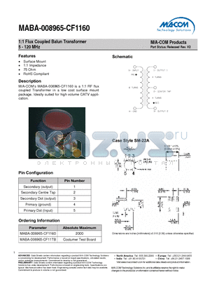 MABA-008965-CF11TB datasheet - 1:1 Flux Coupled Balun Transformer 5 - 120 MHz