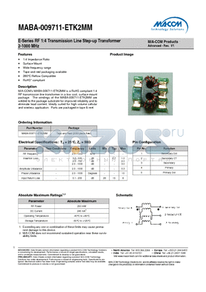MABA-009711-ETK2MM datasheet - E-Series RF 1:4 Transmission Line Step-up Transformer 2-1000 MHz