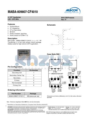 MABA-009807-CF4010 datasheet - 4:1 RF Transformer 0.05 - 3.072 MHz