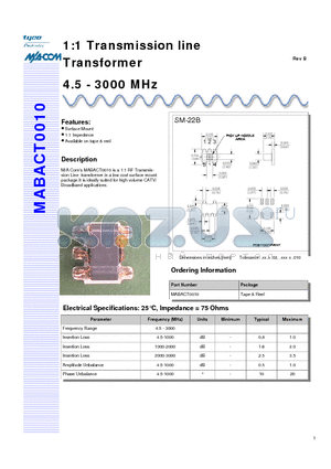 MABACT0010 datasheet - 1:1 Transmission line Transformer 4.5 - 3000 MHz