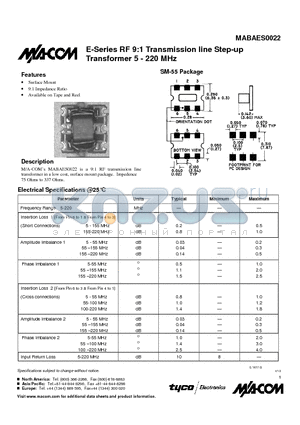 MABAES0022 datasheet - E-Series RF 9:1 Transmission line Step-up Transformer 5 - 220 MHz