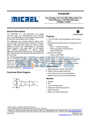 SY54016RMGTR datasheet - Low Voltage 1.2V/1.8V CML Differential Line Driver/Receiver with Fail Safe Input 3.2Gbps, 2.5GHz