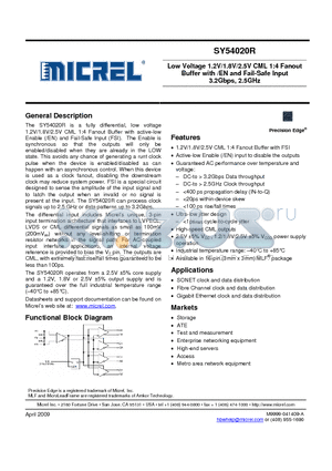 SY54020R_09 datasheet - Low Voltage 1.2V/1.8V/2.5V CML 1:4 Fanout Buffer with /EN and Fail-Safe Input 3.2Gbps