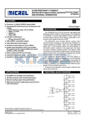 SY58033UMG datasheet - ULTRA-PRECISION 1:8 FANOUT BUFFER WITH 400mV LVPECL OUTPUTS AND INTERNAL TERMINATION