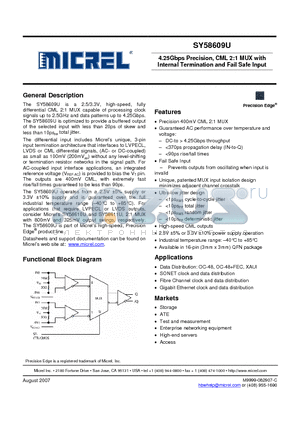 SY58609U datasheet - 4.25Gbps Precision, CML 2:1 MUX with
