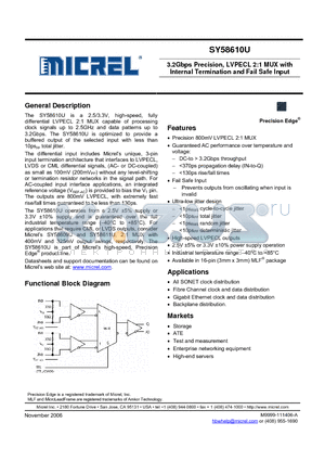 SY58609U datasheet - 3.2Gbps Precision, LVPECL 2:1 MUX with Internal Termination and Fail Safe Input