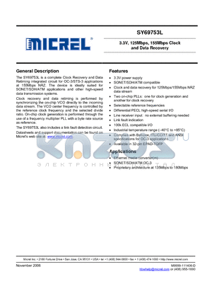 SY69753LHI datasheet - 3.3V, 125Mbps, 155Mbps Clock and Data Recovery