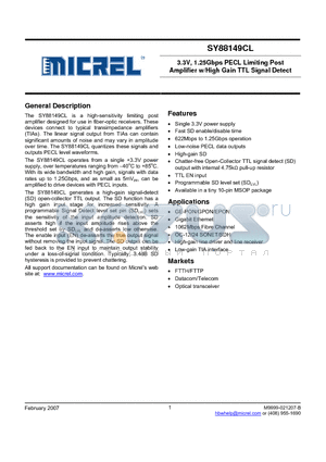 SY88149CL datasheet - 3.3V, 1.25Gbps PECL Limiting Post Amplifier w/High Gain TTL Signal Detect