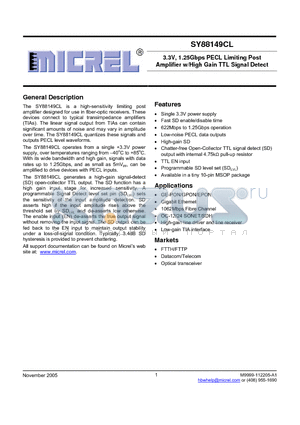 SY88149CLKG datasheet - 3.3V, 1.25Gbps PECL LIMITING POST AMPLIFIER W/HIGH GAIN TTL SIGNAL DETECT