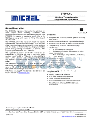 SY88808L datasheet - 10.3Gbps Transceiver with Programmable Equalization