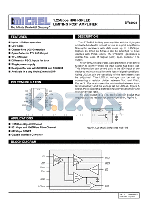 SY88903 datasheet - 1.25Gbps HIGH-SPEED LIMITING POST AMPLIFIER