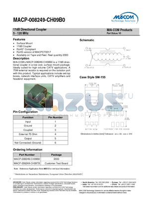 MACP-008249-CH09B0 datasheet - 17dB Directional Coupler 5 - 120 MHz