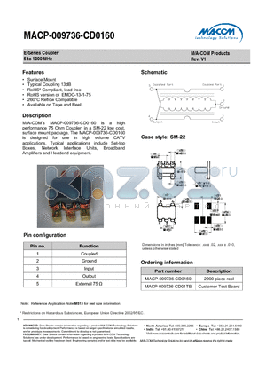 MACP-009736-CD0160 datasheet - E-Series Coupler 5 to 1000 MHz