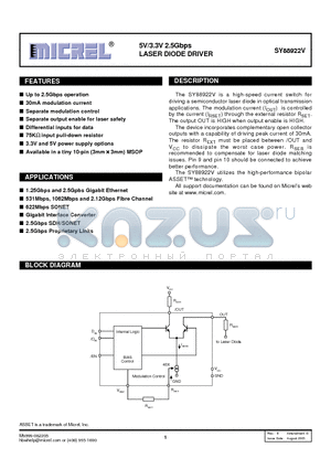 SY88922V datasheet - 5V/3.3V 2.5Gbps LASER DIODE DRIVER