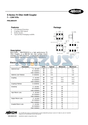 MACPES0018 datasheet - E-Series 75 Ohm 16dB Coupler 5 - 1200 MHz