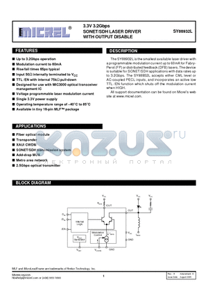 SY88932LMGTR datasheet - 3.3V 3.2Gbps SONET/SDH LASER DRIVER WITH OUTPUT DISABLE