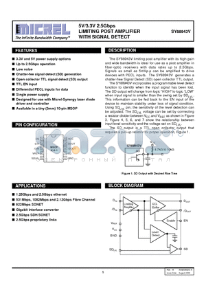 SY88943VKC datasheet - 5V/3.3V 2.5Gbps LIMITING POST AMPLIFIER WITH SIGNAL DETECT