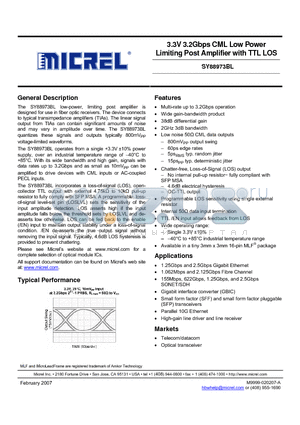 SY88973BLMG datasheet - 3.3V 3.2Gbps CML Low Power Limiting Post Amplifier with TTL LOS