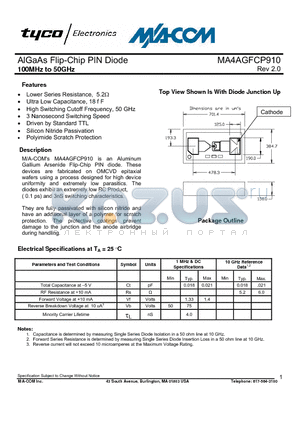 MADP-000910-13050T datasheet - AlGaAs Flip-Chip PIN Diode 100MHz to 50GHz