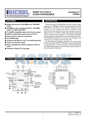 SY89426JC datasheet - SONET OC-12/OC-3 CLOCK SYNTHESIZER