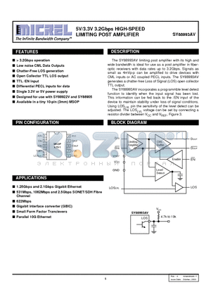 SY88993AVKC datasheet - 5V/3.3V 3.2Gbps HIGH-SPEED LIMITING POST AMPLIFIER