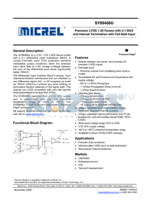 SY89468UHYTR datasheet - Precision LVDS 1:20 Fanout with 2:1 MUX and Internal Termination with Fail-Safe Input