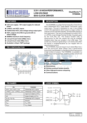 SY89809 datasheet - 3.3V 1:9 HIGH-PERFORMANCE, LOW-VOLTAGE BUS CLOCK DRIVER