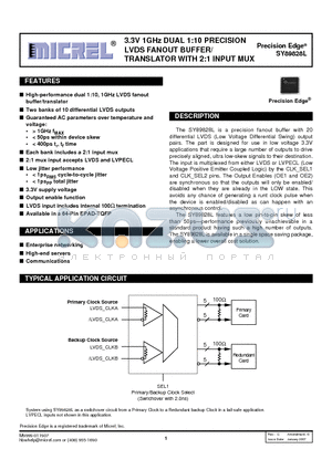 SY89828LHY datasheet - 3.3V 1GHz DUAL 1:10 PRECISION LVDS FANOUT BUFFER/TRANSLATOR WITH 2:1 INPUT MUX