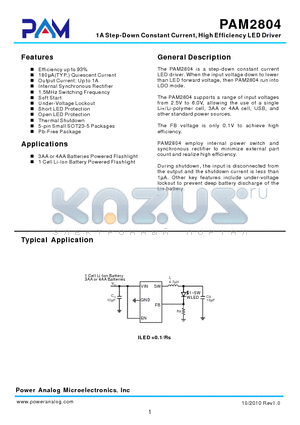 PAM2804 datasheet - 1A Step-Down Constant Current, High Efficiency LED Driver