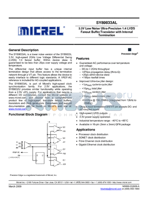 SY89833ALMI datasheet - 3.3V Low Noise Ultra-Precision 1:4 LVDS Fanout Buffer/Translator with Internal Termination