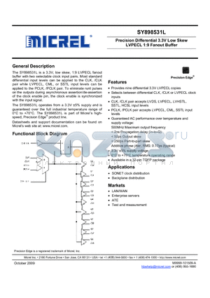 SY898531LTZ datasheet - Precision Differential 3.3V Low Skew LVPECL 1:9 Fanout Buffer